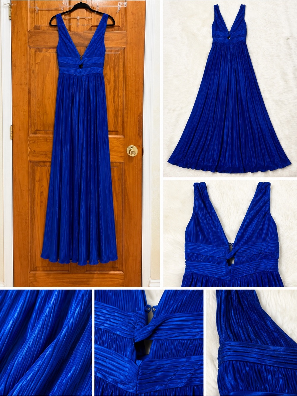Royal Blue Pleated V-Neck Maxi Dress